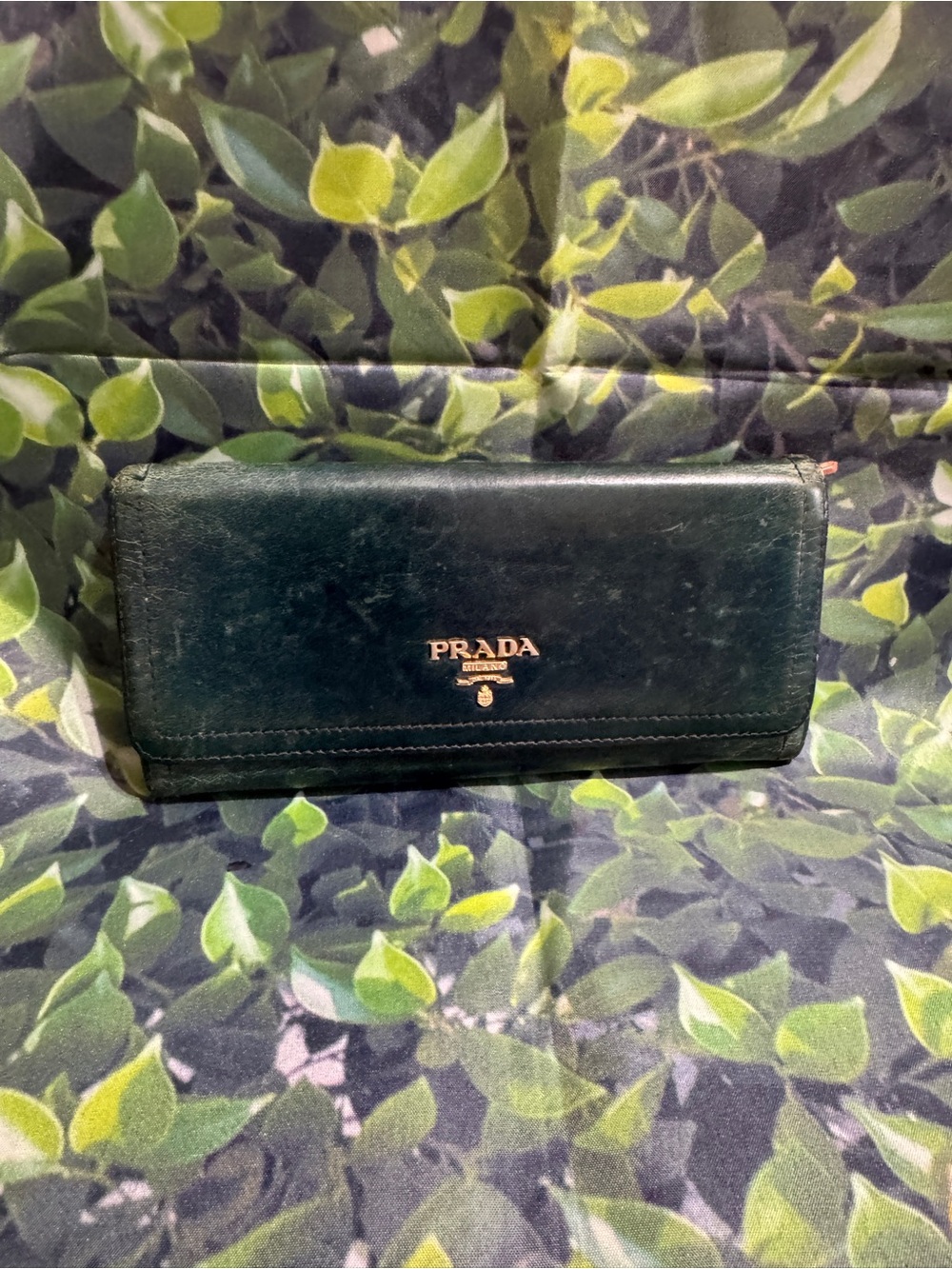 Prada Milano Leather Long Wallet in Dark Green with Gold Logo